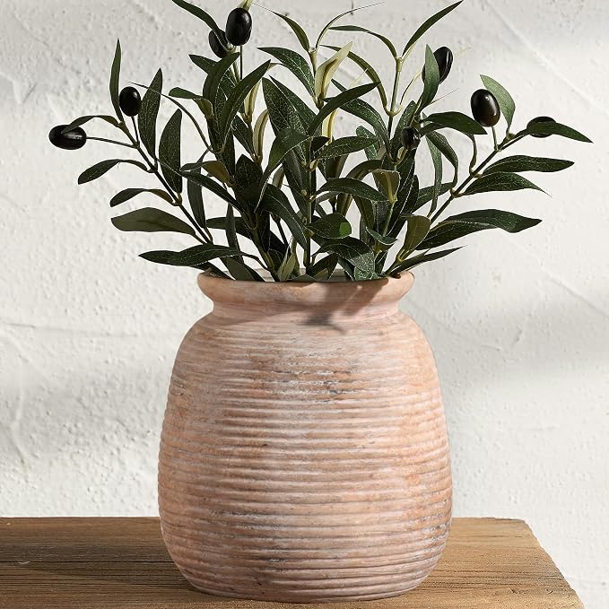 Ceramic Flowers Rustic Vase, Neutral Pottery Farmhouse Vases Home Decor, 7.48" Terracotta Pampas Decorative Vase for Table Entryway Mantel Bookshelf Bedroon Bathroom Living Room
