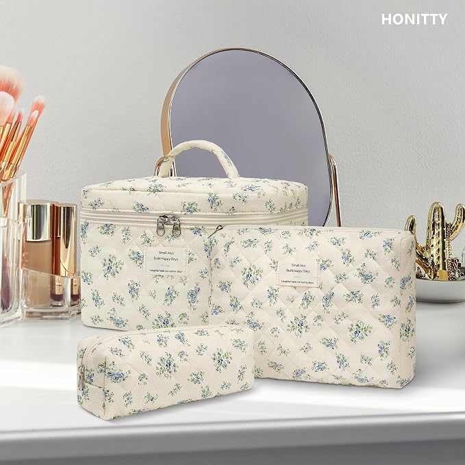 honitty Makeup Bag,Quilted Cosmetic Bags,Large Floral Make Up Organize bag,Makeup Bag Set for Women,Flower Travel Toiletry Bag