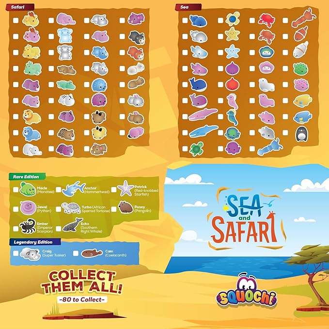 Sea & Safari Squishy Toys 50pcs – Collectible Mochi Fidget Toys in Blind Bags | Sea & Land Animal Shapes | Storage Tote, Playmat, Collector’s Guide | Party Favors, Sensory, Classroom Prizes