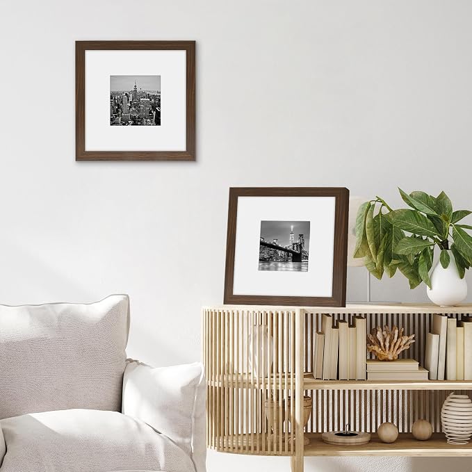 Americanflat 8x8 Picture Frame - Matted to 4x4 - Engineered Wood - Walnut | Shatter-resistant glass, wall or tabletop display with included easel, sawtooth hangers included