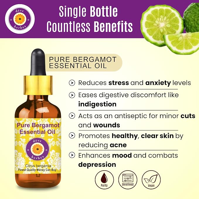 Deve Herbes Pure Bergamot Essential Oil (Citrus bergamia) with Glass Dropper Natural Therapeutic Grade Steam Distilled 5ml (0.16 oz)