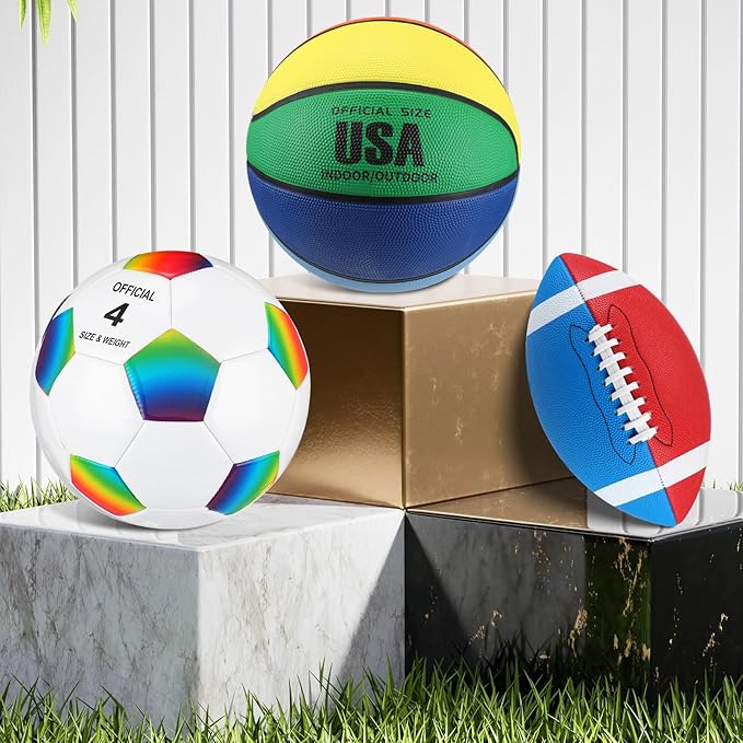Libima 3 Pcs Sports Ball Set for Kids Teens Include Official Size 5 Basketball 4 Soccer 6 Football with Pump and Carry Bag Training Practice Sport Gift for Kids Teens Back to School