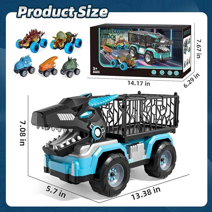 Toddler Robot Dinosaur Truck Toys for Kids Boys Ages 3-5 5-7, Black Carrier Dinosaur Truck with 5 Pull Back Dino Cars, 3 4 5 6 7 Years Old Boys Girls Birthday
