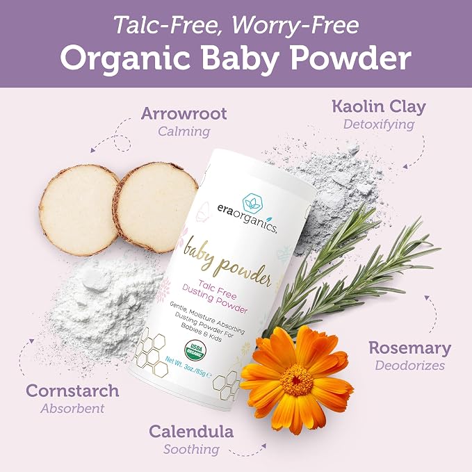 Era Organics Talc-Free Organic Baby Powder - USDA Organic Dusting Powder with Arrowroot, Calendula and Cornstarch for Newborns, Babies or Toddlers - Soothing, Fragrance Free (3oz/85g) - 3 Pack