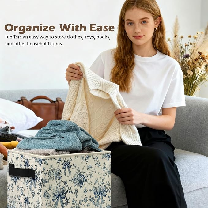 Chinoiserie Bow Floral Storage Box Bins, Blue and White Grandmillennial Flower Collapsible Storage Basket Organizer for Bedroom Laundry Room Home Clothes Books, Decor for Room