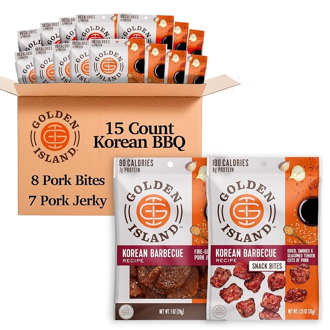 Golden Island Korean BBQ Variety Pack - (15 Pack) 8 Pork Snack Bites and 7 Pork Jerky - Korean Barbecue Protein Snacks - Up to 8g Protein per Serving - Gluten Free