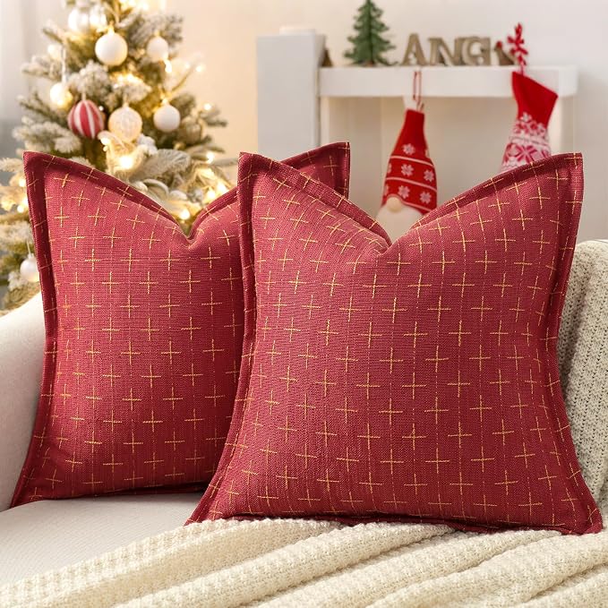Christmas Pillow Covers 24x24 Set of 2 Soft Polyester Textured Red Pillows with Stylish Flange Edge Cozy Farmhouse Christmas Decor for Couch Bed Sofa Living Room (Red)