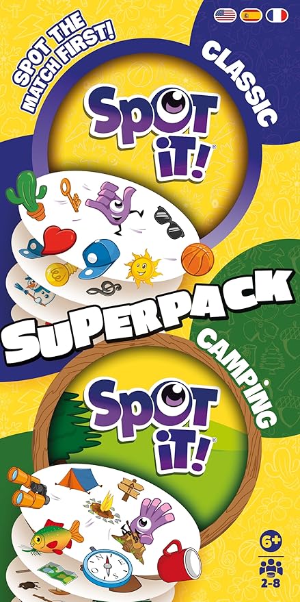 Asmodee Spot It! Super Pack (2024 Refresh) Eco Big Box - Includes Classic and Camping Editions, Family Card Game Bundle for Quick Reflexes, Ages 6+, 2-8 Players, 10 Minute Playtime