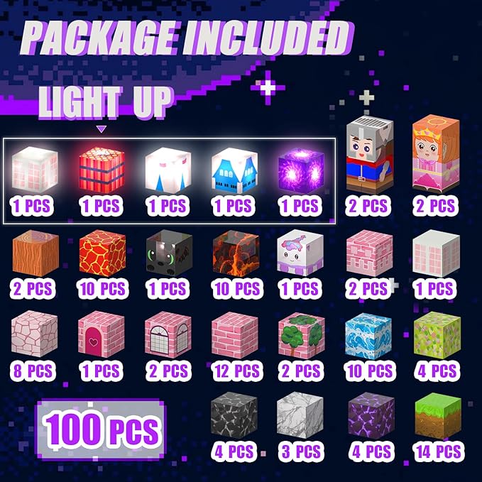 100PCS Magnetic Blocks with Light Up for Kids, 1-inch Rechargeable Magnet Construction Tiles with Princess Castle Theme, Building Toy Birthday Gifts for Boys Girls Age 3+ Years Old