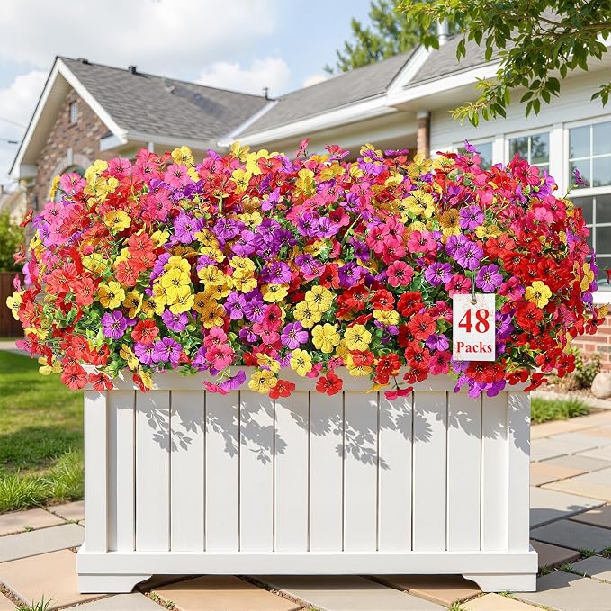 Alupssuc 48 Bundles Artificial Daisy Flowers UV Resistant for Outdoor Decor | Silk & Plastic, Spring Faux Plants Greenery, Bendable Stems, for Porch Patio Hanging Window Planter Yard Outside, 4 Colors