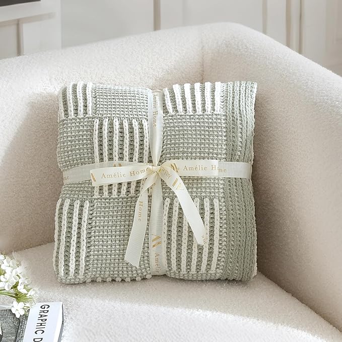 Knit Throw Blanket, Soft Chenille Cozy Breathable Dual Tone Checkered Chunky Decorative Blanket for Couch, Bed & Sofa, French-Inspired Lightweight Warm Gift for Women, Sage Green, 50"x60"