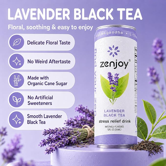 Zenjoy Adaptogen Drink Stress Relief Tea | Non Alcoholic Calming Drink w/Ashwagandha, Lemon Balm & L-Theanine for Focus | Stress Tea Calming Social Mocktail with Adaptogens (12 Pack, Lavender)