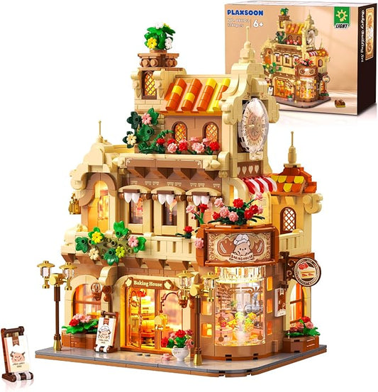 Flower Bakery Coffee House Building Set with Lights, City Cafe Baking House Display Model Toy, 1289 PCS Modular Construction Building Blocks Kit Home Decor, Gift for Adults Teens Girls 12+