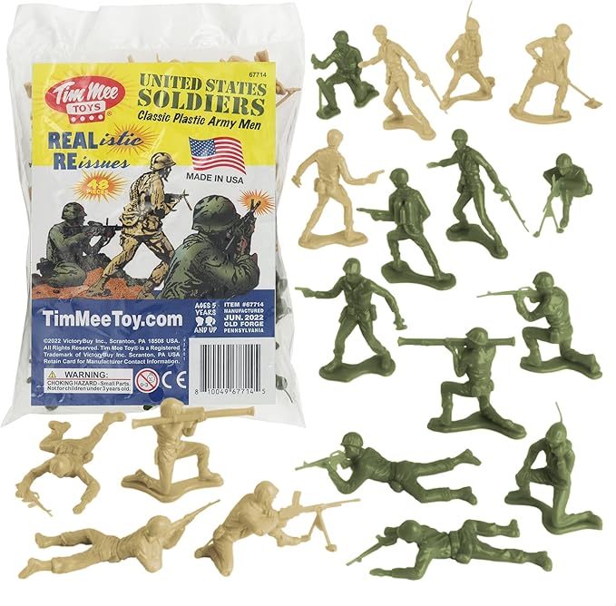 TimMee Plastic Army Men - OD Green vs Tan 48pc Toy Soldier Figures - Made in USA