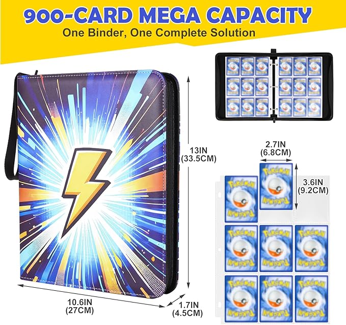 9 Pocket Top-Loading Trading Card Binder, 900 Pockets Card Book Holder with 50 Removable Sleeves, Double-Sided 3-Ring Zip,Waterproof PU Cover with Full Zipper,Card Albums Gifts for Serious Collectors