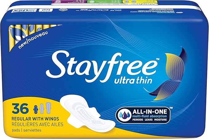 Stayfree Ultra Thin Regular Pads with Wings For Women, Reliable Protection and Absorbency of Feminine Moisture, Leaks and Periods, 36 count (Pack of 1)