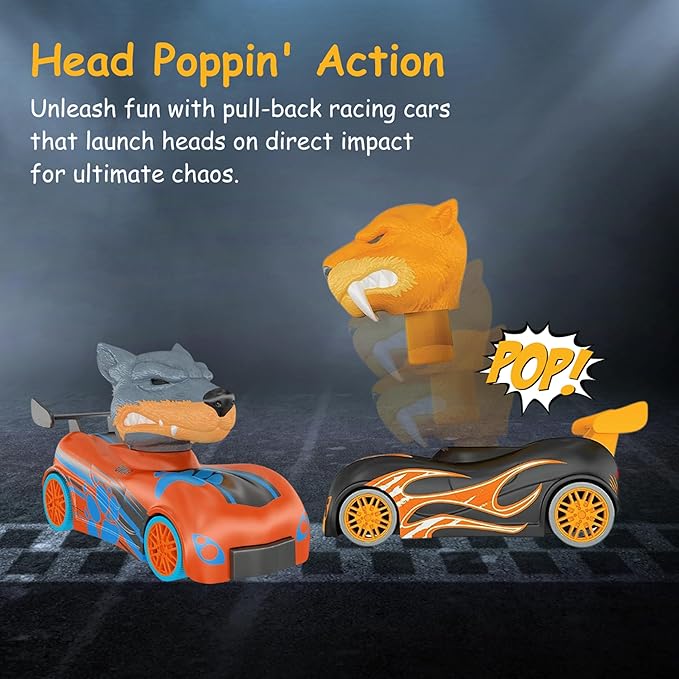Knuckle Headz Pop-Up Racer Car Toy, Friction-Powered Pull Back Race Car, Head Popping Fun Gift for Kids, Boys, Girls, Ages 3+, Shark