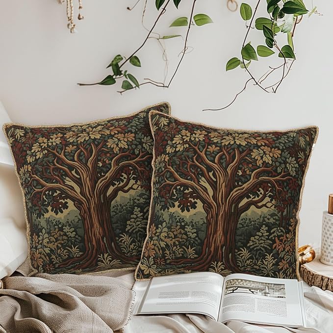 Vintage Forest Tree Velvet Pillow Covers 18x18 Inch Green Retro Tapestry Throw Pillows for Couch Cushion Covers Pillowcase Boho Farmhouse Pillow Cases for Sofa Bed Bedroom