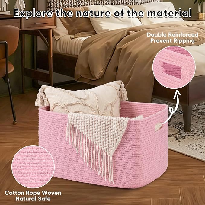 OIAHOMY 75L Blanket Basket, Woven Cotton Rope Basket for Organizing 22”x17”x12”, Used for Living Room, Bedroom, Nursery, Pink