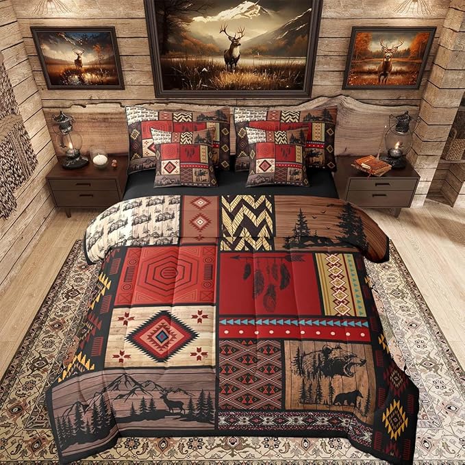 Feelyou Rustic Cabin Bear Comforter Set with Sheets 7 Piece King Size Farmhouse Hunting Deer Bed in a Bag Kids Boys Girls Retro Bohemian Bedding Set Buffalo Plaid Bedroom Decor Soft Microfiber