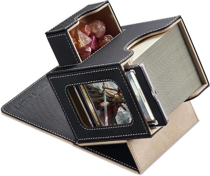 Mage Tech Card Deck Box for MTG Commander - Patented Design, Commander Display, Fits 100 Double-Sleeved Cards, 35pt Card Brick & Dice Tray - Black/Pale Gold