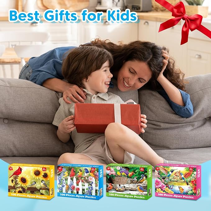 4-Pack 100 Piece Puzzles for Kids Ages 6-8 8-10 Year Old, Birds Puzzles, Large Piece Puzzle for Seniors 100 Pieces Adults Jigsaw Puzzle, Learning Educational Toys for Boys and Girls