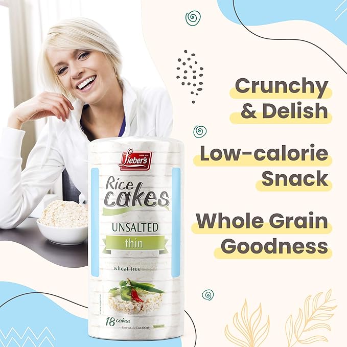 Lieber's Unsalted Rice Cakes, Gluten Free, Vegan, Kosher Certified, 3-Pack | Dairy Free and Wheat Free, Made with Whole-grain Brown Rice and Baked to Crispy Perfection for an Easy Crunchy Snack, 3.1 Oz.