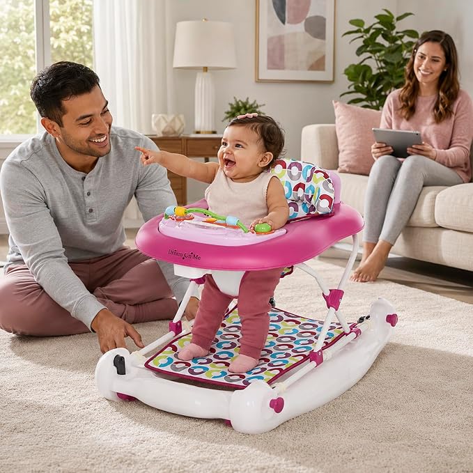 Dream On Me Go-Getter Baby Walker with Rear Push Handle, 2-in-1 Activity Walker and Walk-Behind, 3 Height Adjustments, Easy to Fold, Machine-Washable Seat Pad, Detachable Fun Tray, Pink