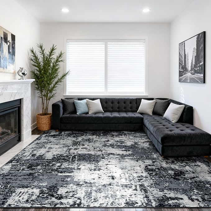 RELEANY Washable 10'x14' Abstract Area Rug for Living Room Black White | carpet for bedroom, kitchen, office, hallway and entryway, printed pattern, non-slip, soft, stain-resistant, easy to clean