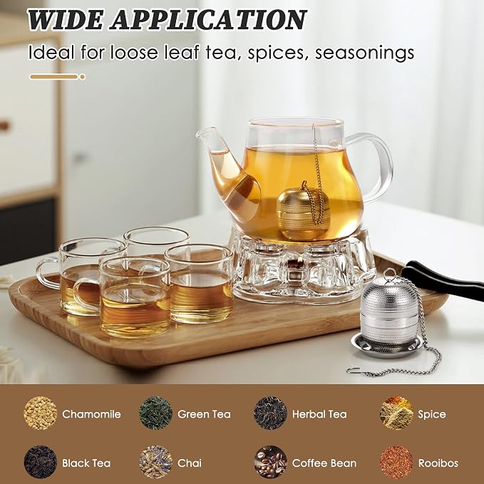 Yoassi 2 Pack Tea Infusers for Loose Tea, Extra Fine Mesh 18/8 Stainless Steel Tea Strainers, Loose Leaf Tea Steeper Tea Ball Tea Diffuser Tea Holder with Extended Chain Hook and Drip Tray
