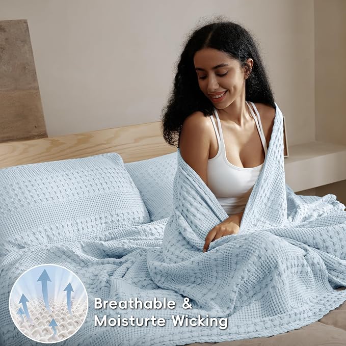 PHF 100% Cotton Waffle Weave Blanket Queen Size, Lightweight Breathable Summer Blanket for Hot Sleepers, Pre-Washed Soft Layer for Bed, Couch, Aesthetic Home Decor & Gift, 90"x90", Sky Blue