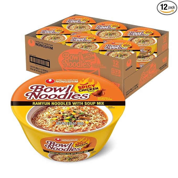 Nongshim Spicy Chicken Noodle Soup Instant Ramen, 12 Pack, Korean Microwaveable Bowl Soup Mix, Ramyun with Veggies, Sabor a Pollo
