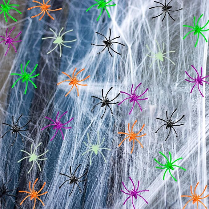 150PCS Plastic Spiders Halloween Small Plastic Spiders Fake Spiders Realistic Spider Toys Prank Props for Home and Party Decor, 2 x 1.8 Inches, Black, Green, Orange, Purple, Glow in The Dark Spiders