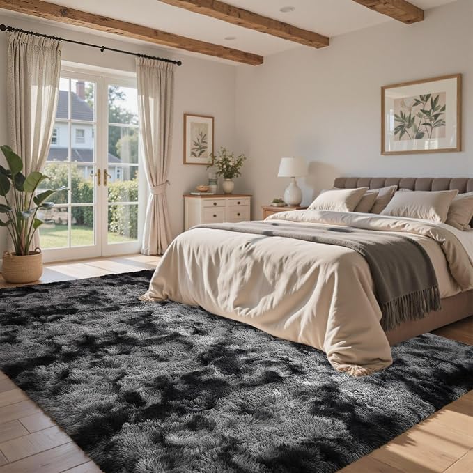 5x8 Black Grey Rugs for Living Room Fluffy Area Rug, Super Fuzzy Fur Bedroom Carpet for Boys Dorm Office Nursery Modern Home Decor
