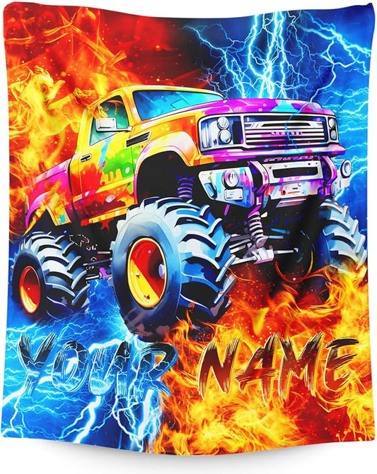 Boys Truck Blanket Gift Personalized Throw Blankets for Kids Truck Lovers, 40x50 Inches Lightweight Soft All Season Cool Custom Car Decor Throw for Sofa Chair Couch Bed Office