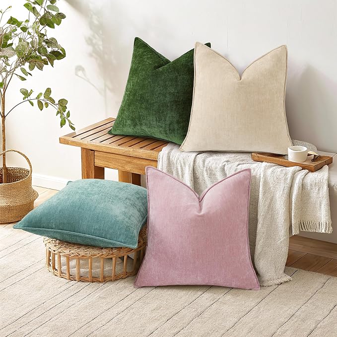 decorUhome Chenille Beige Velvet Throw Pillow Covers 22x22 Set of 2 | Fall Soft Euro Sham Couch Decorative Modern Farmhouse Pillow Cases with Elegant Design for Sofa Bed Living Room Home Decor