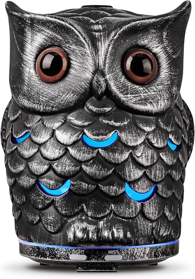 Alieye Ceramic Essential Oil Diffuser, 200ML Handcrafted Ceramic Owl Ultrasonic Cool Mist Aromatherapy Humidifier with 7 Colors LED Waterless Auto Shut Off for Home Office Yoga, Gifts for Mom, Sliver