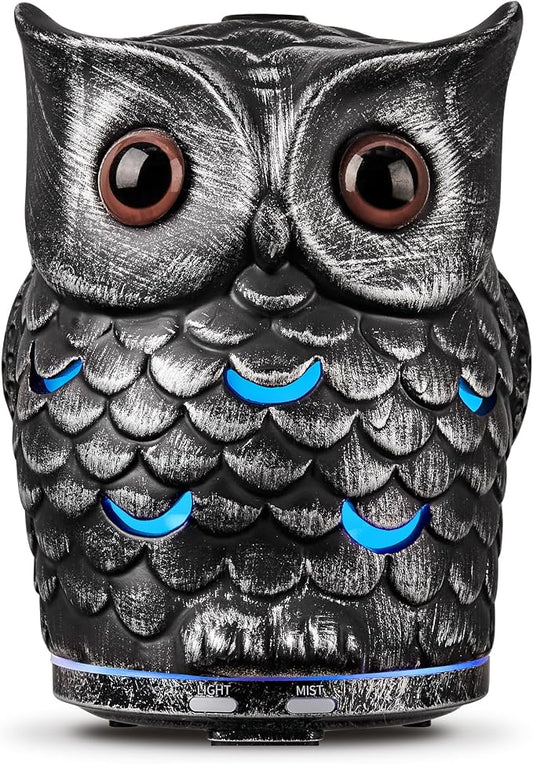 Alieye Ceramic Essential Oil Diffuser, 200ML Handcrafted Ceramic Owl Ultrasonic Cool Mist Aromatherapy Humidifier with 7 Colors LED Waterless Auto Shut Off for Home Office Yoga, Gifts for Mom, Sliver