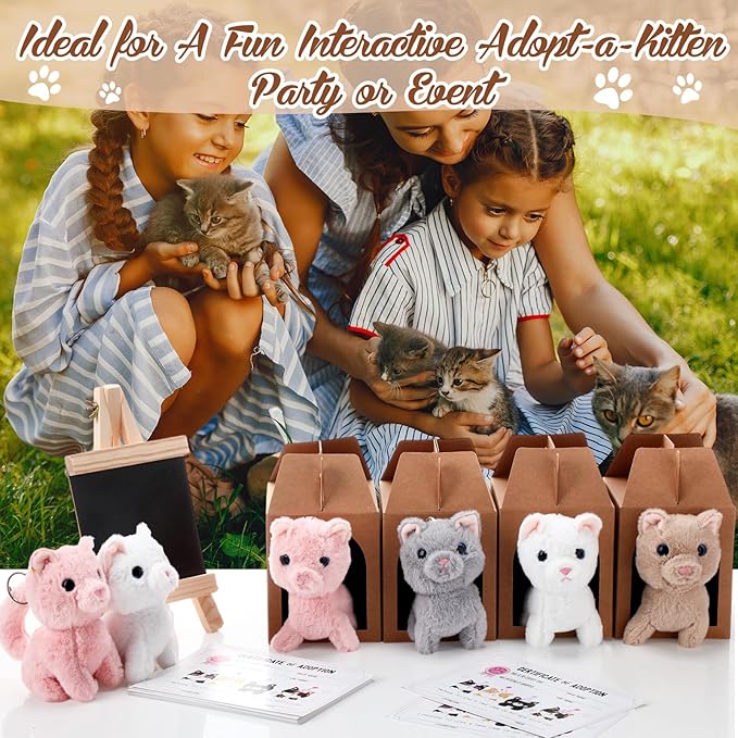 84 Pcs Adopt a Pet Party Favors 24 Mini Plush Stuffed Animals 10 White Plastic Fence 24 Paper Gift Boxes 24 Adoption Cards with Mini Chalkboard and Artificial Lawn(Cat)