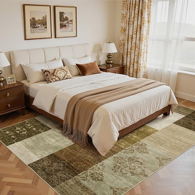 UERMEI 10x12 Area Rug for Living Room - Washable Neutral Modern Abstract Carpet, Non-Slip Soft Large Indoor Floor Rugs for Bedroom Home Office & Under Dining Table Decor, Brown/Green