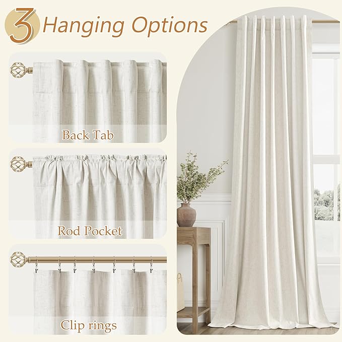 Guken 100% Blackout Linen Curtains for Bedroom 94 Inches Long Natural Cream Black Out Curtain Back Tab Thermal Insulated Room Darkening Window Drapes for Living Room 2 Panels Beige Ivory 52x94