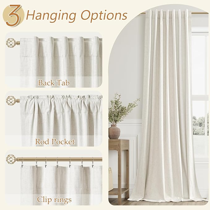 Extra Long 100% Blackout Linen Curtains for Bedroom 144 Inches Long Natural Cream Black Out Curtain Back Tab Thermal Insulated Room Darkening Window Drapes for Living Room 2 Panels Beige Ivory 52x144