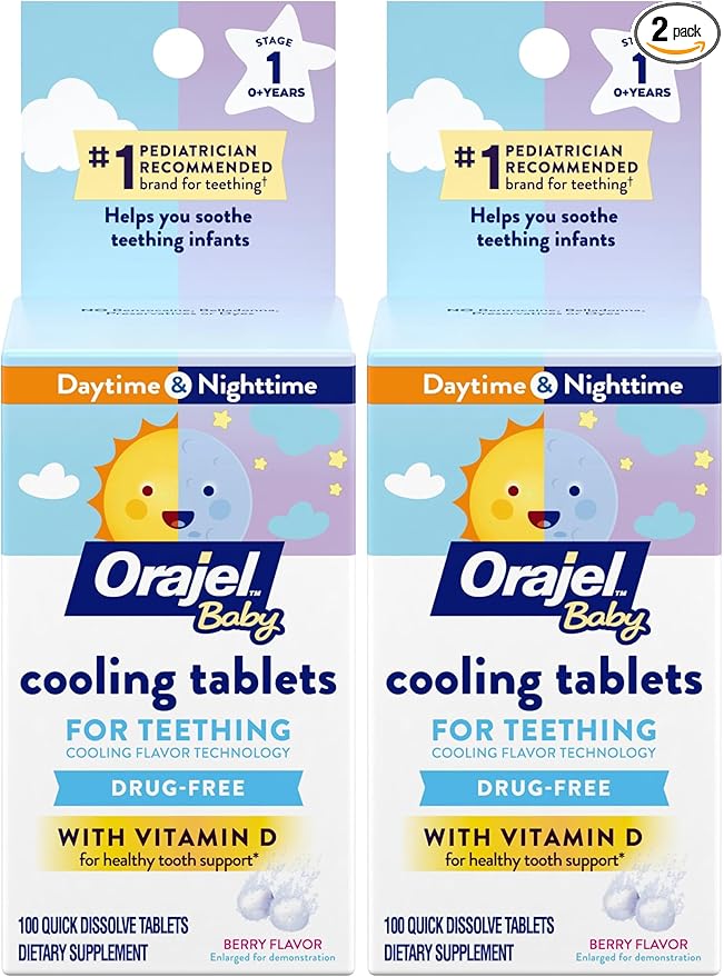 Orajel Baby Cooling Tablets for Teething with Vitamin D, 100 Quick Dissolve Tablets,White, (Pack of 2)