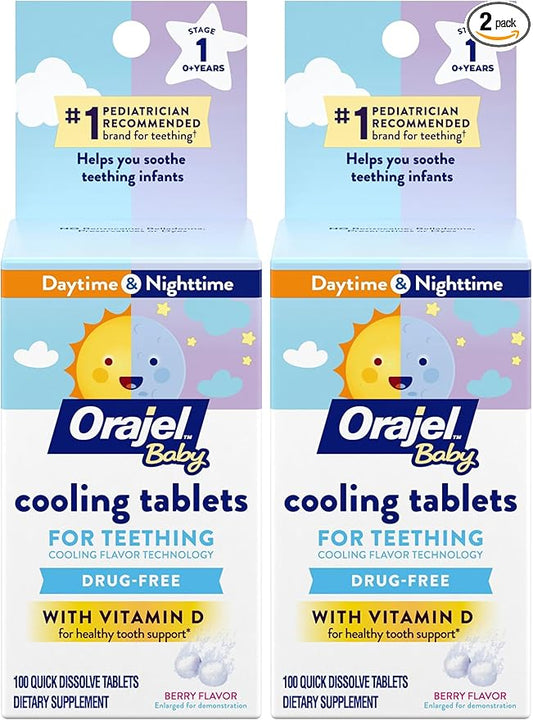 Orajel Baby Cooling Tablets for Teething with Vitamin D, 100 Quick Dissolve Tablets,White, (Pack of 2)