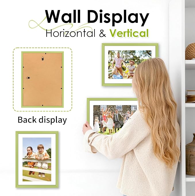 FIXSMITH A4 Picture Frame Set of 2, Green Photo Frame with HD Plexiglass, Display Pictures 6x8 with Mat or 8.3x11.7 Without Mat Multi Picture Frames Collage for Tabletop or Wall Display