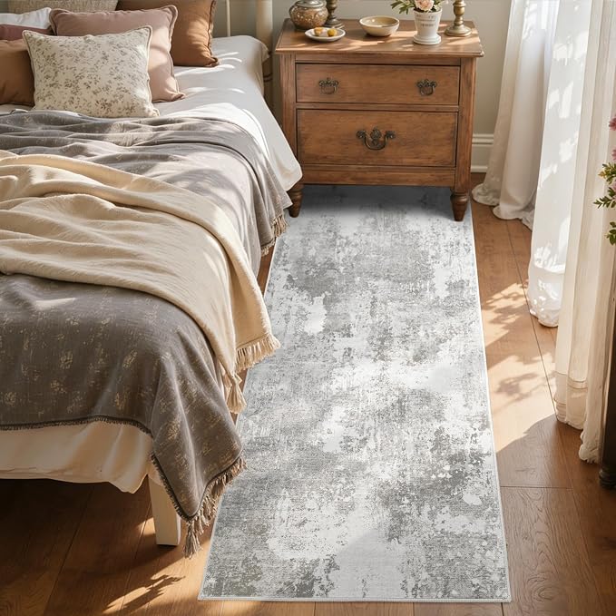 2x6 Ft Washable Runner Rug, Non-Slip Low Pile Hallway Kitchen Area Rug, Soft Long Entryway Floor Mat Abstract Pattern Carpet for Bedside & High-Traffic Areas (Light Grey)