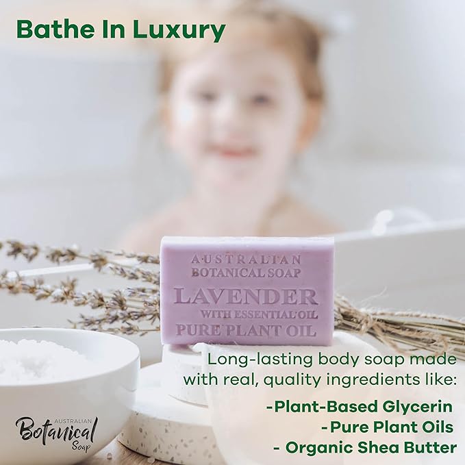 Australian Botanical Soap Lavender with Essential Oil – Triple Milled 6.6 oz Bar Soap with Shea Butter, Face Hand & Body Bars, Pack of 4