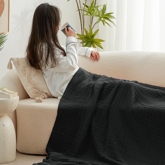 Love's cabin 100% Cotton Muslin Blanket, 6 Layer Lightweight Breathable Gauze Throw Blanket 50 x 60 Inches, Soft All Season Blanket for Couch, Bed, Sofa, Black