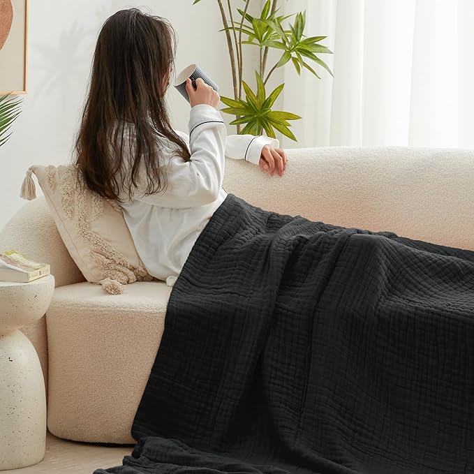 Love's cabin 100% Cotton Muslin Blanket, 6 Layer Lightweight Breathable Gauze King Size Blanket 108 x 90 Inches, Soft Summer Blanket for Bed, Black