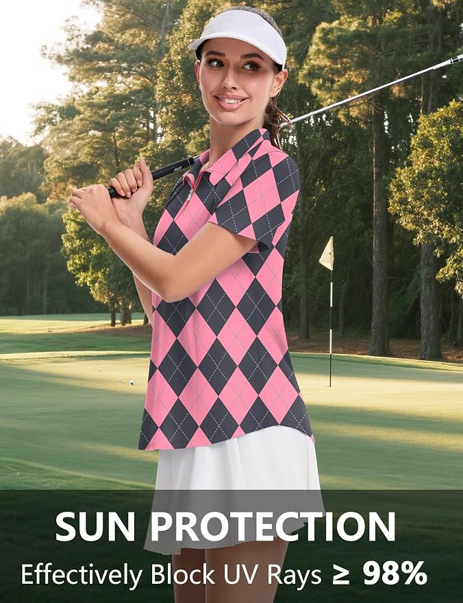 LOMON Womens Golf Polo Shirt Summer Short Sleeve Quarter Zip Outfit | Side-Pockets,Princess Seams,Cotton,Wrinkle Free,Moisture Wicking,Quick-Dry,Lightweight,Collared,for Tennis Workout